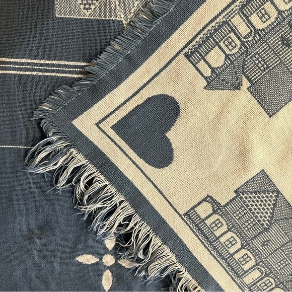 Vintage Blue & White Heart Cotton Blanket Reversible Goodwin Weavers Knit - Picture 5 of 13